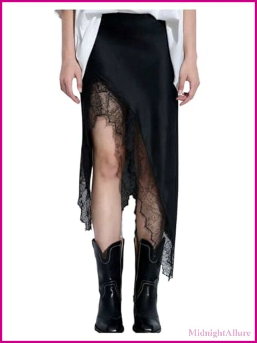 Lace Trim Asymmetrical Hem Midi Skirt Mid Rise Going Out Skirts
